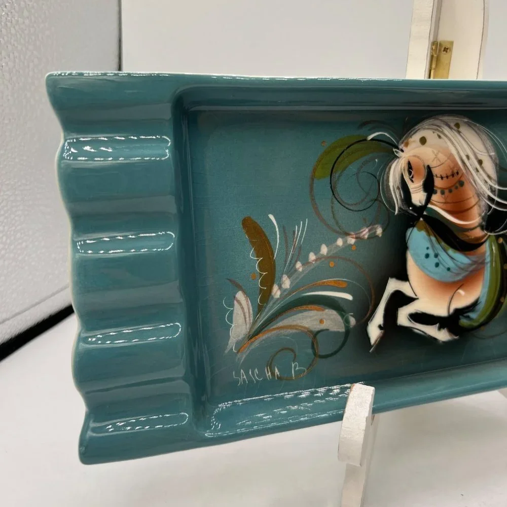 Sascha Brastoff Teal Edged Galloping Stallion Mid Century Ashtray